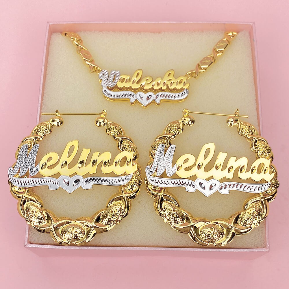 Two Tone Personalized Custom Gold Plated Double Layer XOXO Chain Name Necklace and XOXO Bamboo Name Earrings Set-silviax