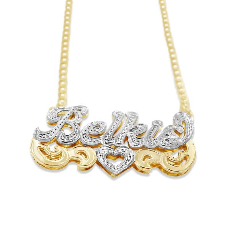 Double Layer Two Tone 3D Nameplate with Heart Personalized Custom Gold Plated Name Necklace-silviax