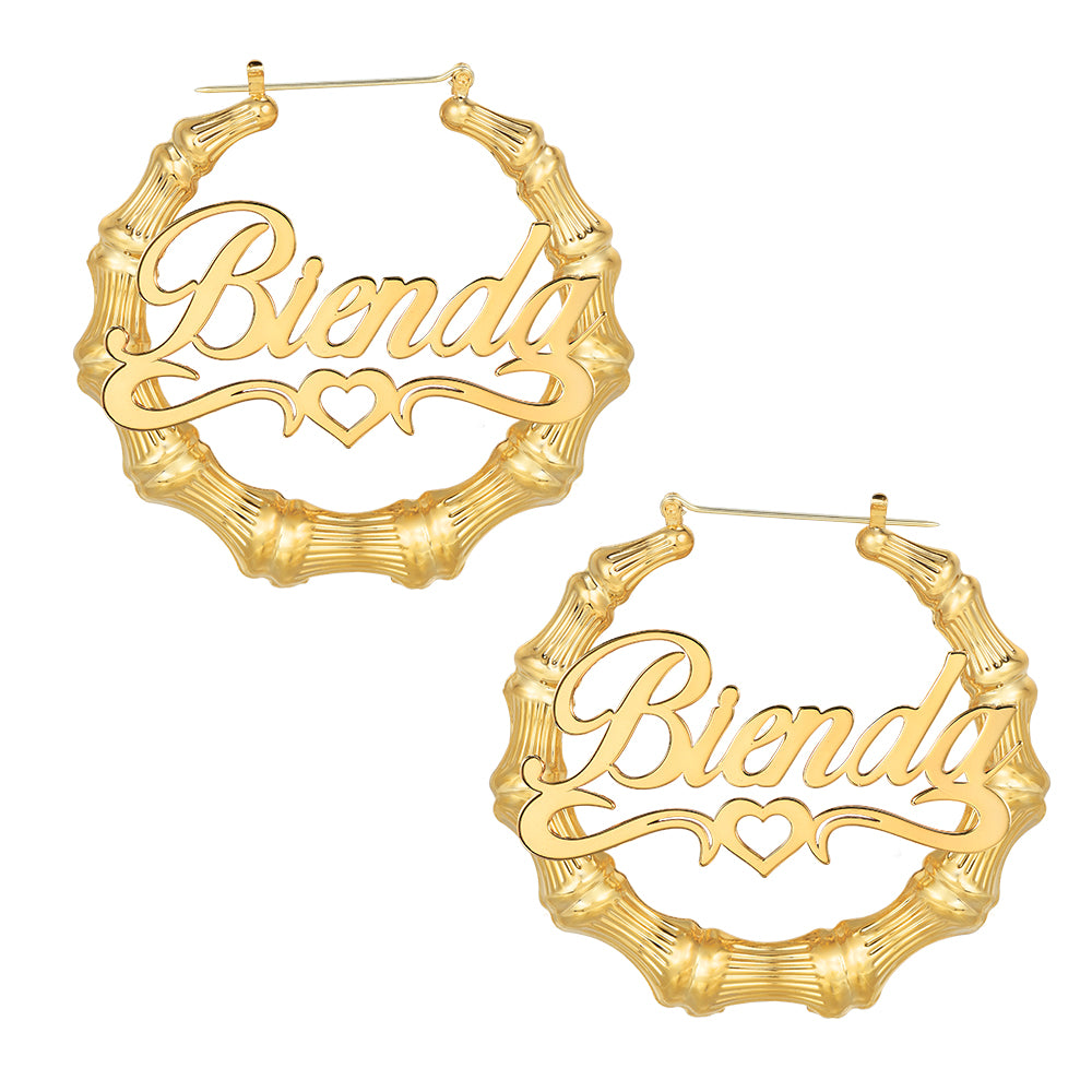 Bamboo Hoop with Heart Personalized Custom Name Earrings Gold Plated-silviax