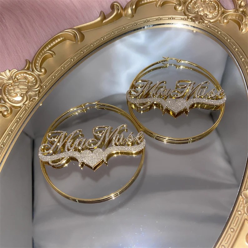 Bling Bling Hoop Earrings with Heart Personalized Gold Plated Name Earrings