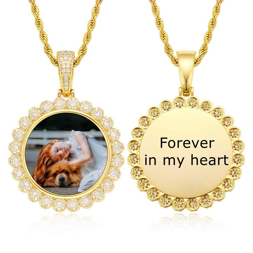 Circle Pendant Inlaid Zircon Engraving Name Personalized Custom Gold Plated Photo Necklace-silviax