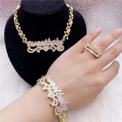 Double Layer Two Tone Nameplate with XOXO Chain Personalized Name Necklace Bracelet and Ring Set