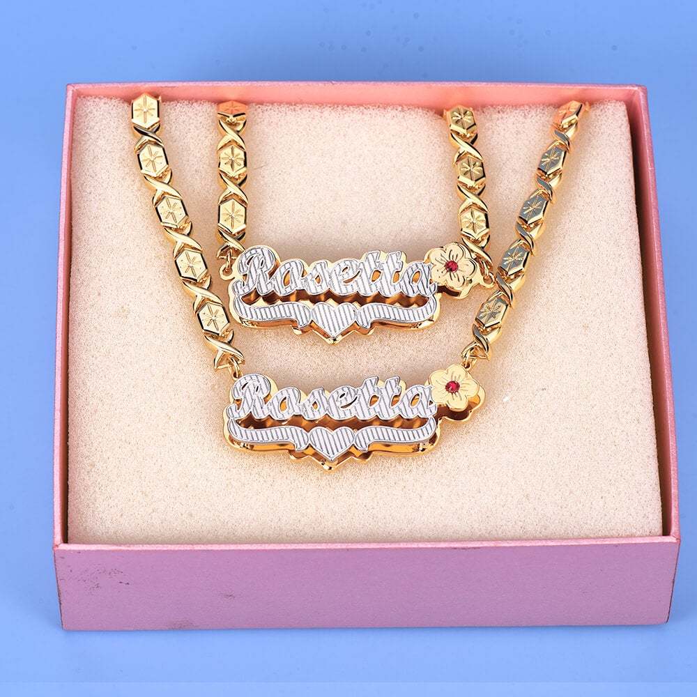 Flower Birthstone and Heart Double Plate Two Tone with XOXO Chain Personalized Custom Gold Plated Name Necklace Bracelet Set-silviax