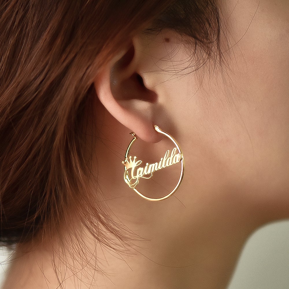 Gold Plated Crown Hoop Personalized Name Earrings-silviax