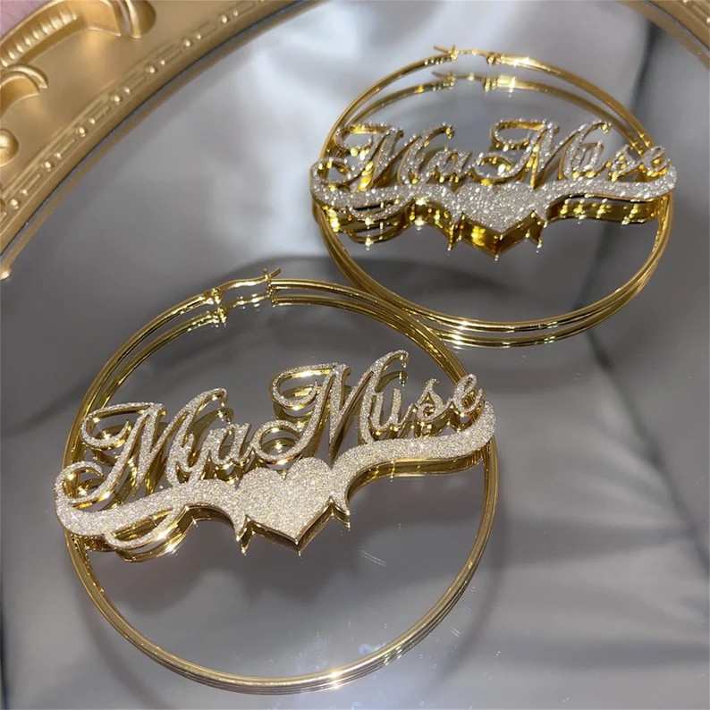 Bling Bling Hoop Earrings with Heart Personalized Gold Plated Name Earrings