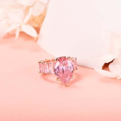 Pink Drop Zircon Ring Square Single Row Zircon Gold Plated Ring-silviax