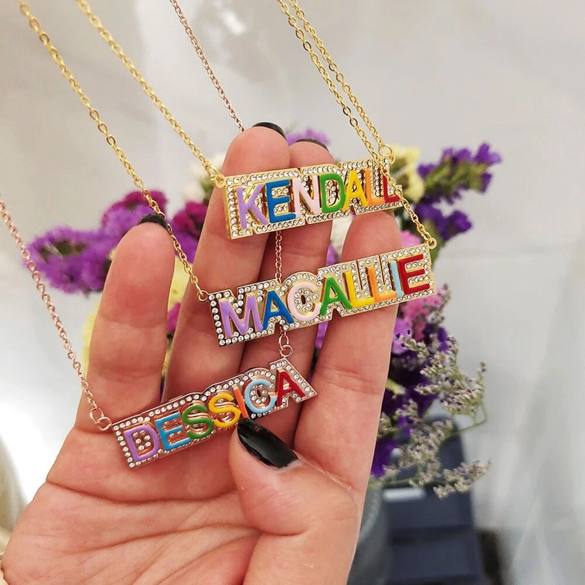 Personalized Gold Plated Colorful Enamel Outline Pave Name Necklace-silviax