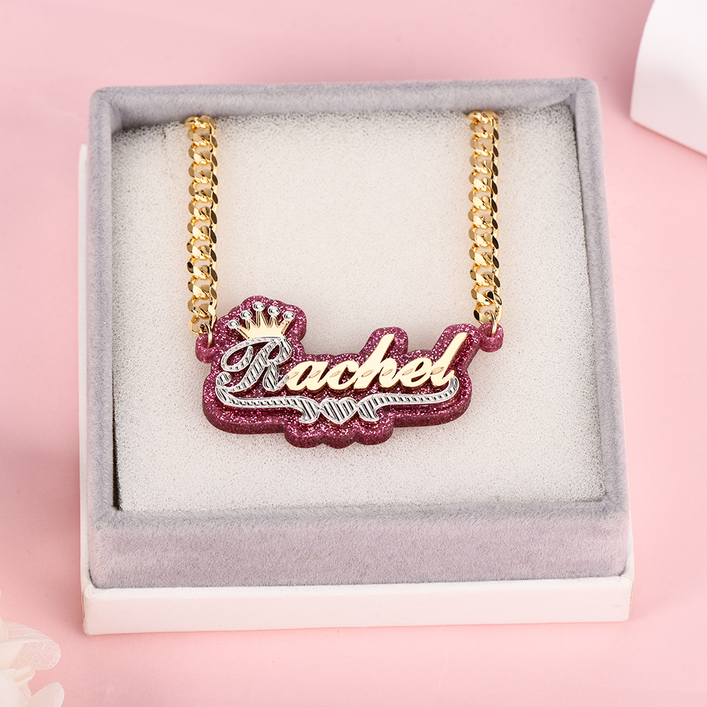 Purple Acrylic Personalized Gold Plated Two Tone Crown Name Necklace-silviax