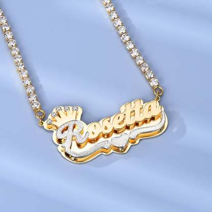 Double Plate Two Tone Crown Heart Nameplate with Tennis Chain Personalized Custom Gold Plated Name Necklace-silviax
