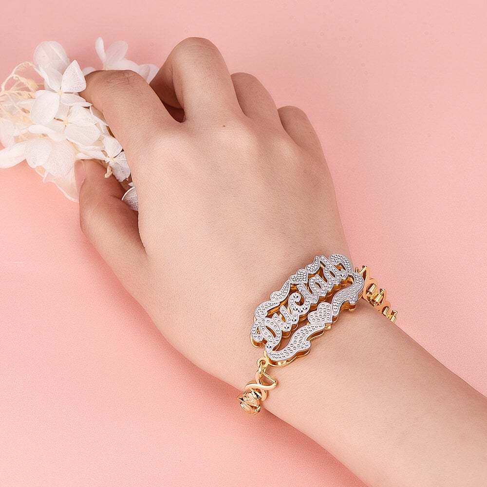 Double Layer Two Tone Heart with XOXO Heart Chain Personalized Custom Gold Plated Name Bracelet-silviax