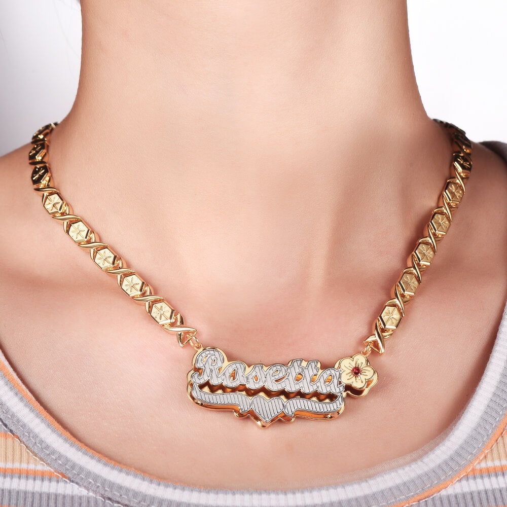 Double Plate Two Tone Birthstone Flower Heart with XOXO Chain Personalized Custom Gold Plated Name Necklace-silviax