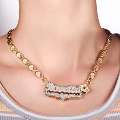 Double Plate Two Tone Birthstone Flower Heart with XOXO Chain Personalized Custom Gold Plated Name Necklace-silviax