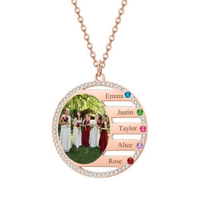 2 To 5 Names With Birthstone And Photo Round Pendant Personalized Custom Gold Plated Family Necklace