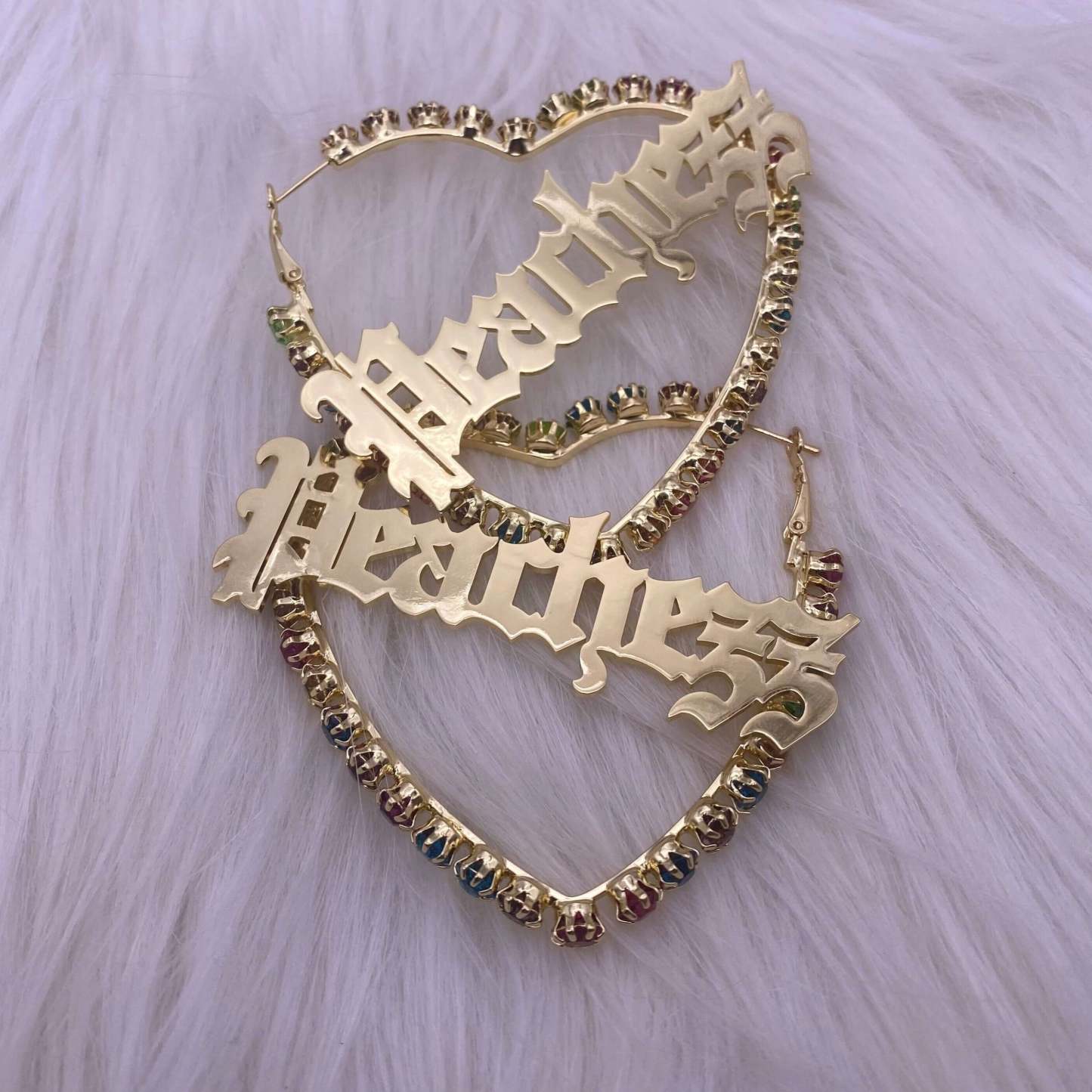 Colorful Zircon Heart Hoop Earrings Personalized Custom Gold Plated Name Earrings-silviax