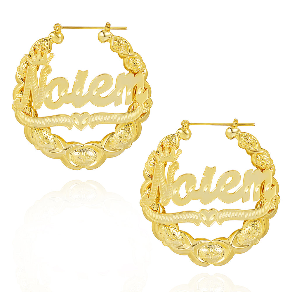 XOXO Bamboo Earrings with Crown Heart Personalized Custom Gold Plated Name Earrings-silviax