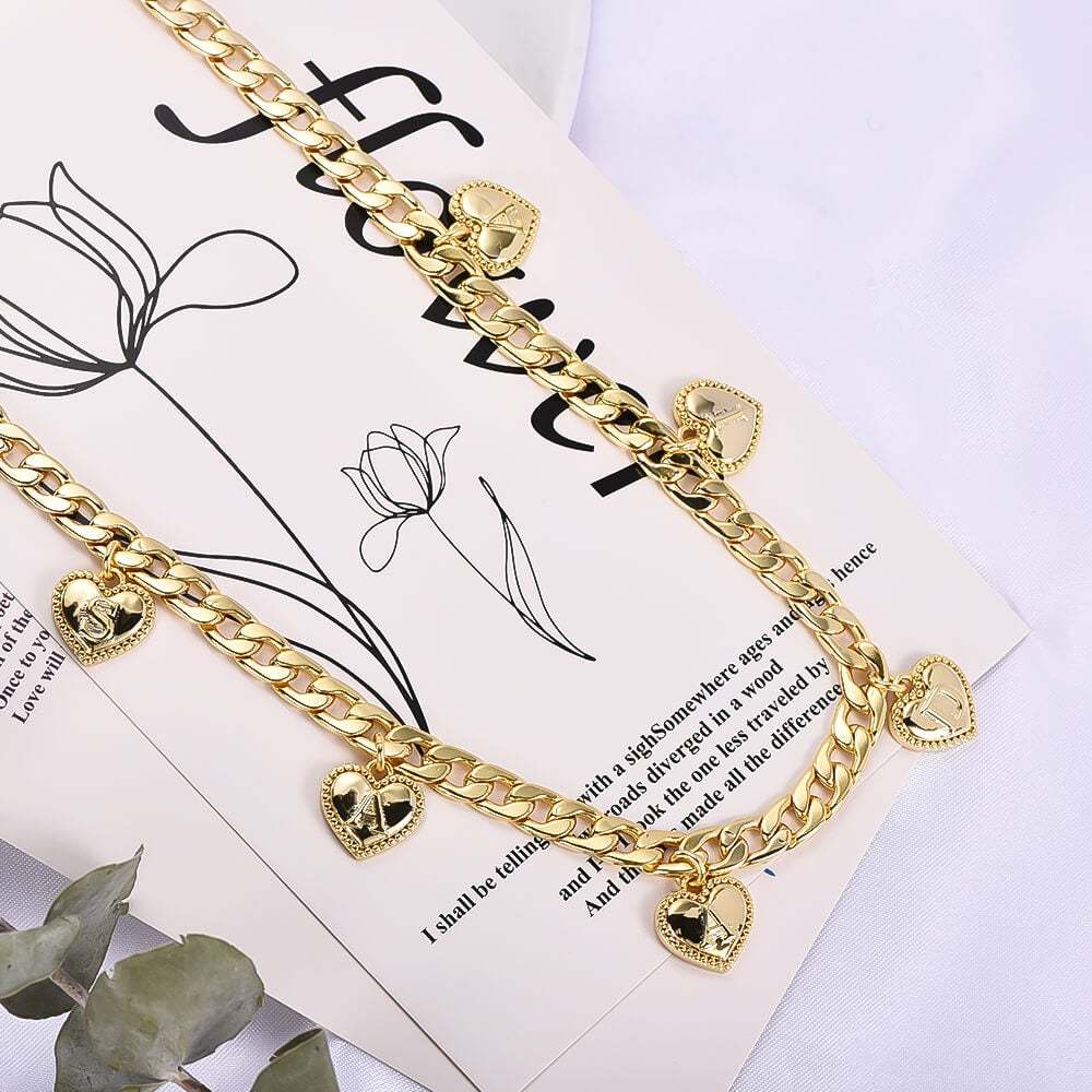 Engraved Capital Letter Heart Pendant With Cuban Chain Personalized Custom Gold Plated Name Necklace-silviax