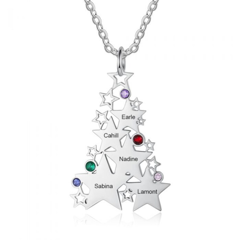 5 Names Stars Christmas Tree Nameplate with Birthstone Personalized Custom Name Necklace