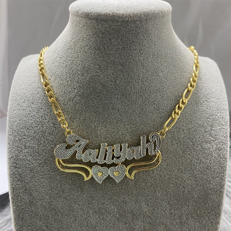Double Layer Two Tone Two Hearts Personalized Custom Gold Plated Name Necklace-silviax