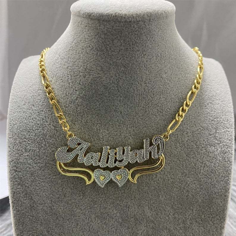 Double Layer Two Tone Two Hearts Personalized Custom Gold Plated Name Necklace-silviax