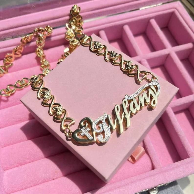 Heart and Cross Two Tone Personalized XOXO Name Necklace Nurse Gift-silviax