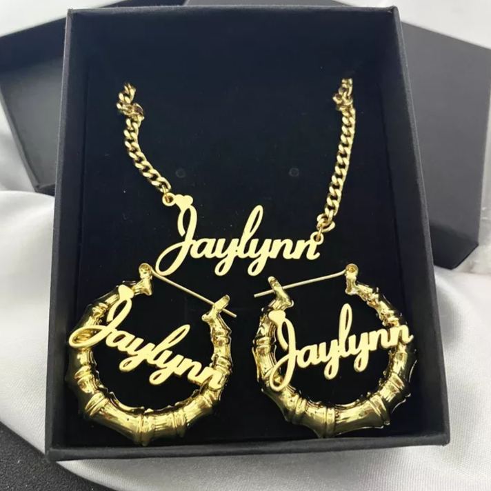 Personalized Custom Gold Plated Nameplate with Heart Jewelry Set Name Necklace and Hoop Earrings Christmas Gift-silviax