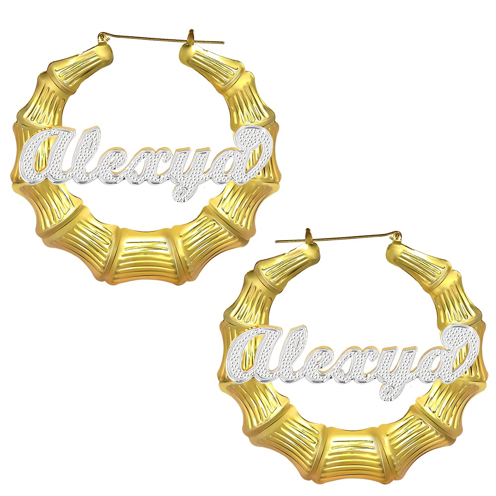 Gold Plated Personalized Two Tone Bamboo Hoop Name Earrings-silviax