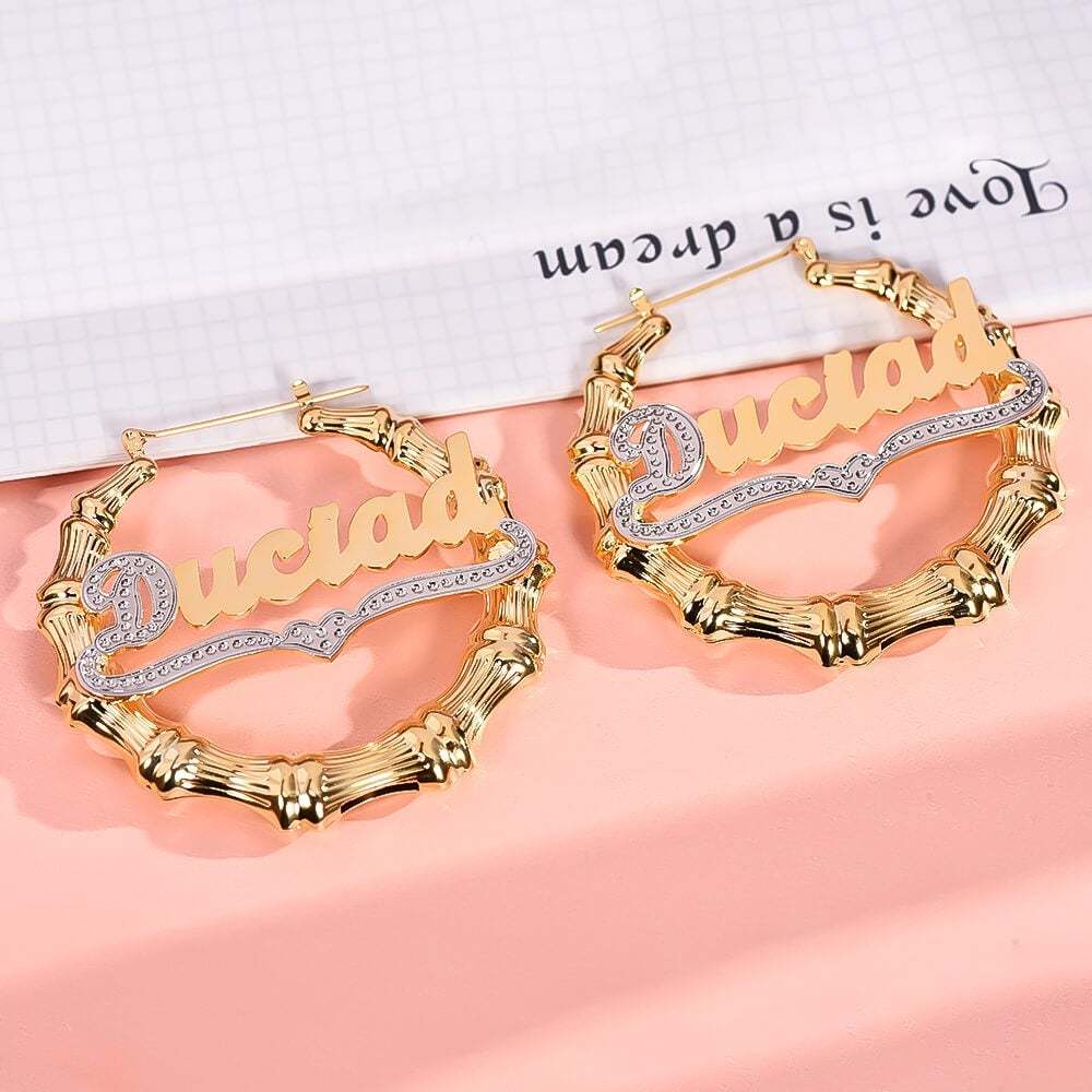Personalized Bamboo Double Plated Two Tone Name Hoop Earrings-silviax