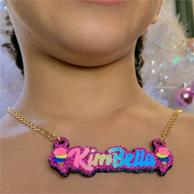 Pink Color Glitter Ice Cream Personalized Custom Kids Name Necklace