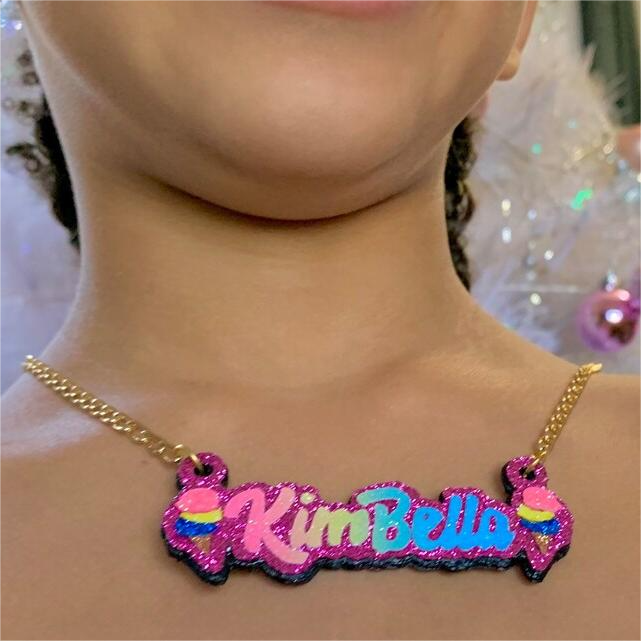 Pink Color Glitter Ice Cream Personalized Custom Kids Name Necklace-silviax