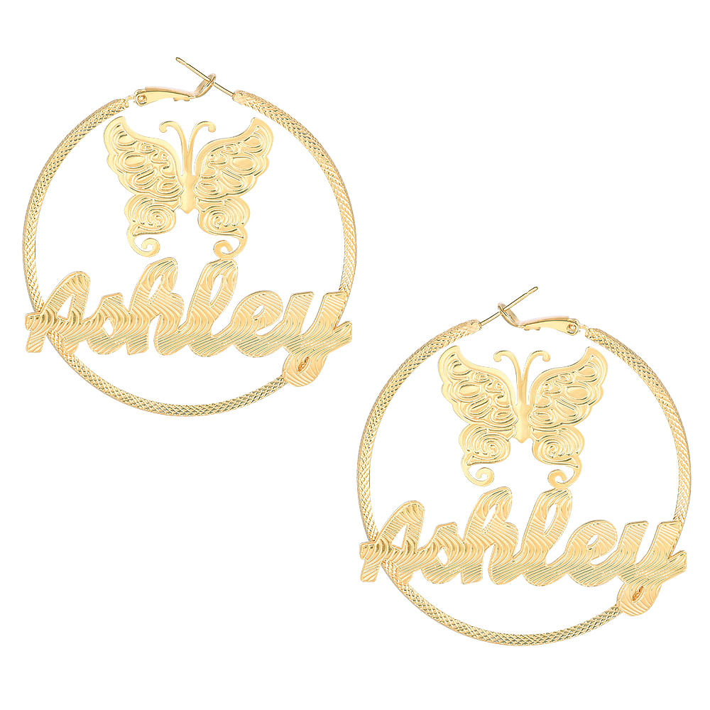 Butterfly Nameplate Hoop Earrings Personalised Custom Gold Plated Name Earrings Women Earrings-silviax