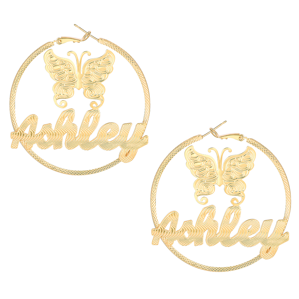 Butterfly Nameplate Hoop Earrings Personalised Custom Gold Plated Name Earrings Women Earrings-silviax