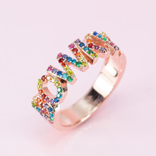Rainbow Cubic Zirconia Paved Personalized Gold Plated Name Ring-silviax