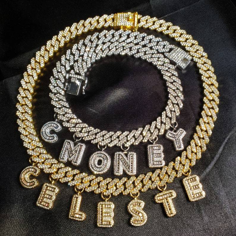 Hip Hop Cubic Zirconia Capital Letter Choker Cuban Chain Necklace-silviax