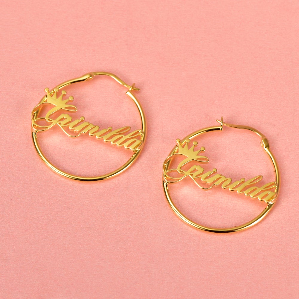 Gold Plated Crown Hoop Personalized Name Earrings – silviax
