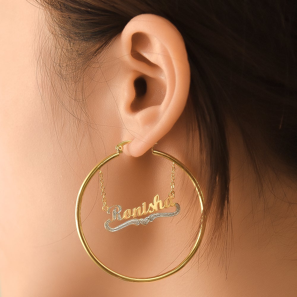 Gold Plated Two Tone Hoop Personalized Name Earrings-silviax
