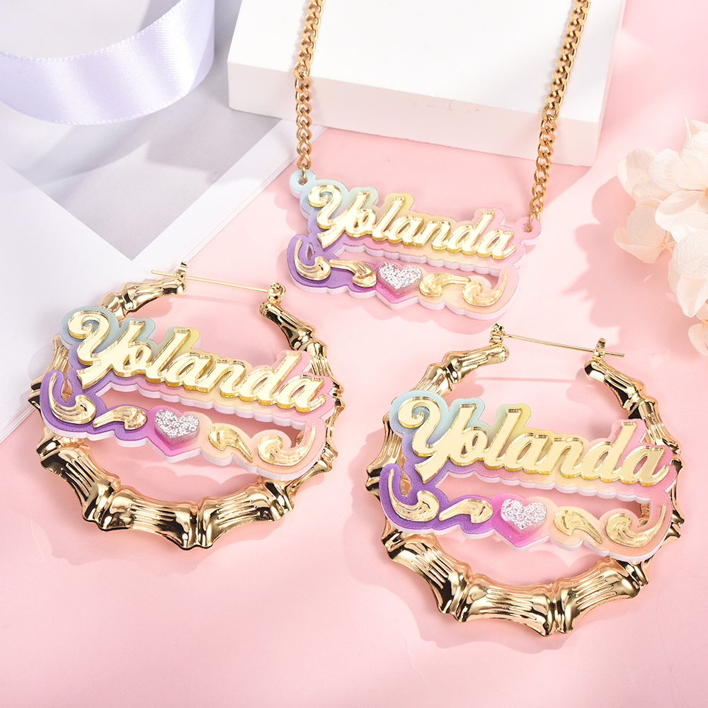 Personalized Colorful Acrylic Jewelry Set Custom Name Necklace Bamboo Earrings Set