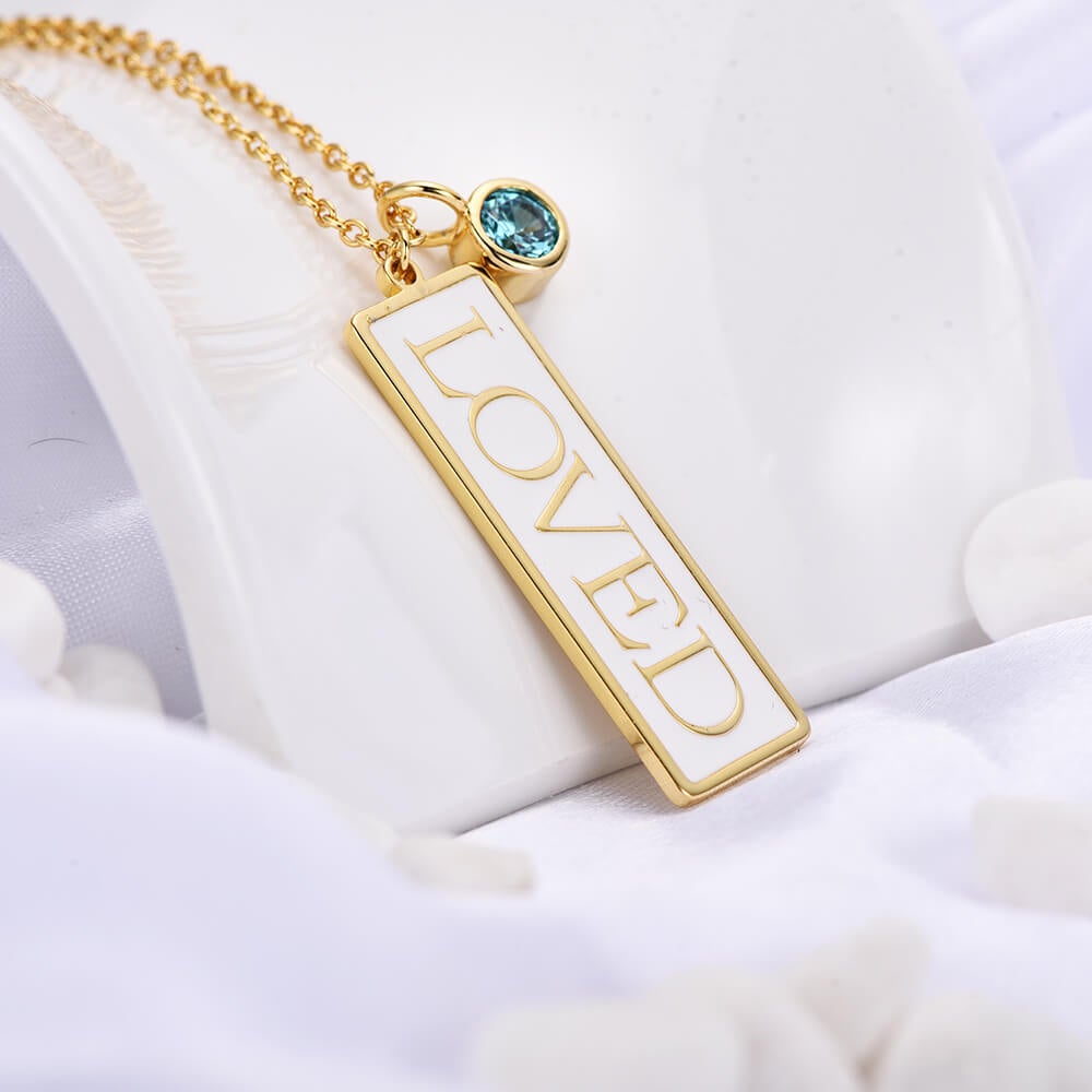 White Enamel Vertical Nameplate Pendant With Birthstone Personalized Custom Gold Plated Name Necklace-silviax