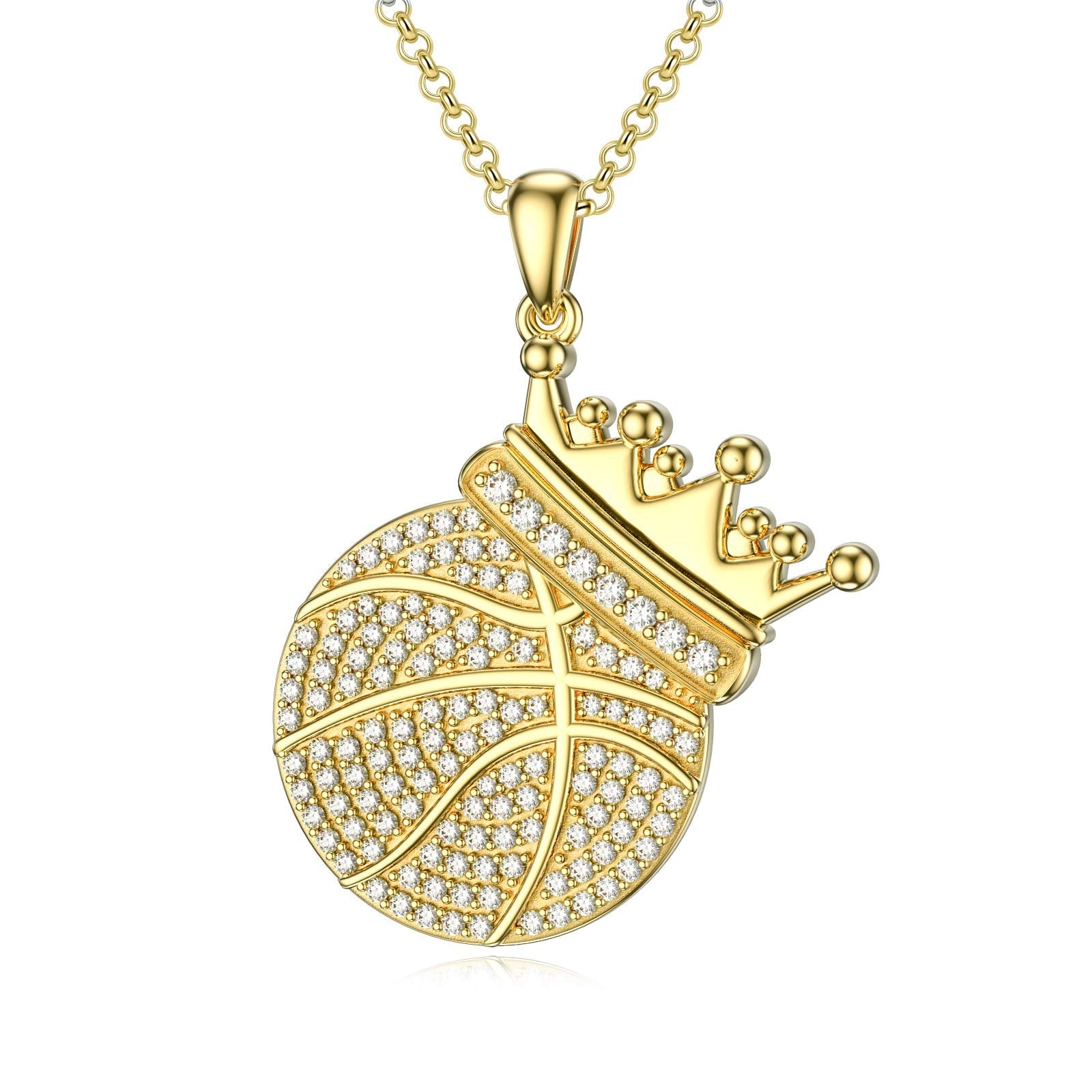 Crown Basketball Pendant Gold Plated Necklace Hip Hop Sport Style for Boy Men-silviax