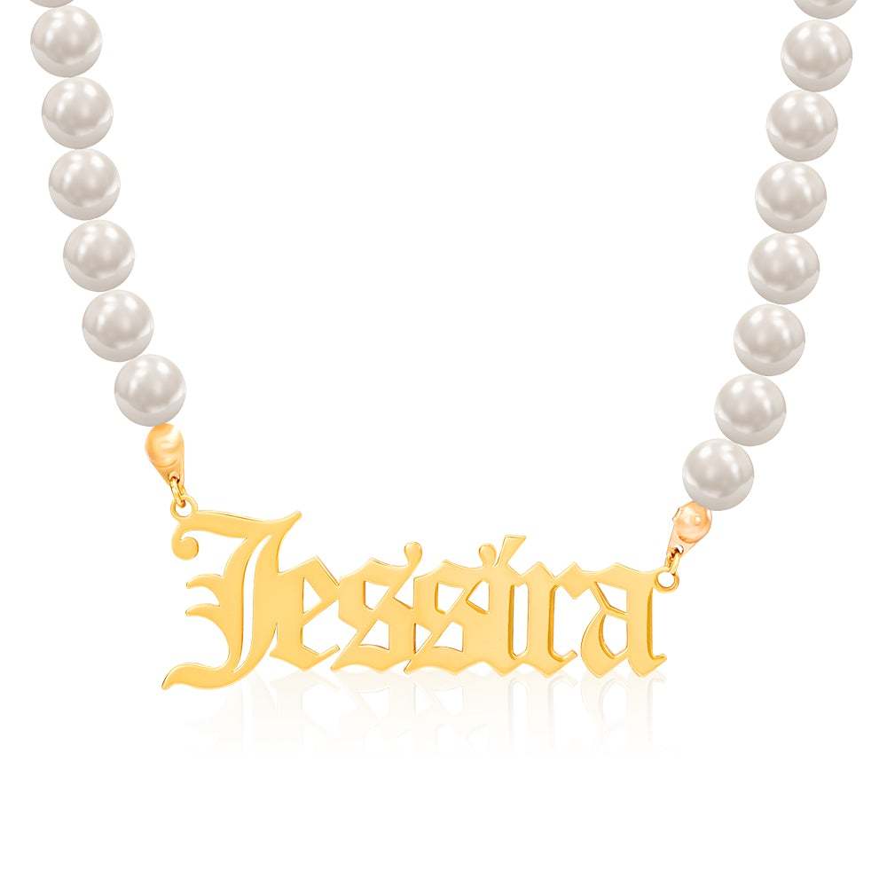 Old English Font with Pearl Chain Personalized Custom Gold Plated Name Necklace-silviax
