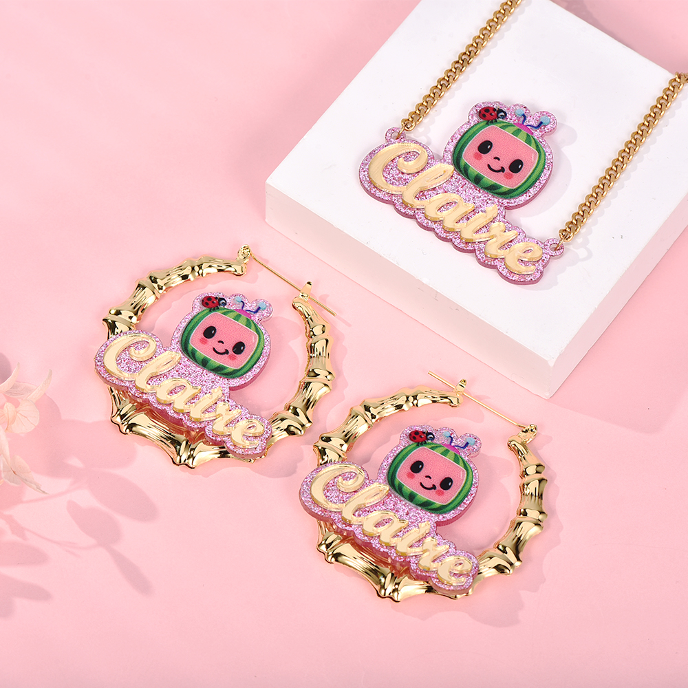 Pink Acrylic Cute Watermelon Nameplate Jewelry Set Personalized Name Necklace and Bamboo Earrings