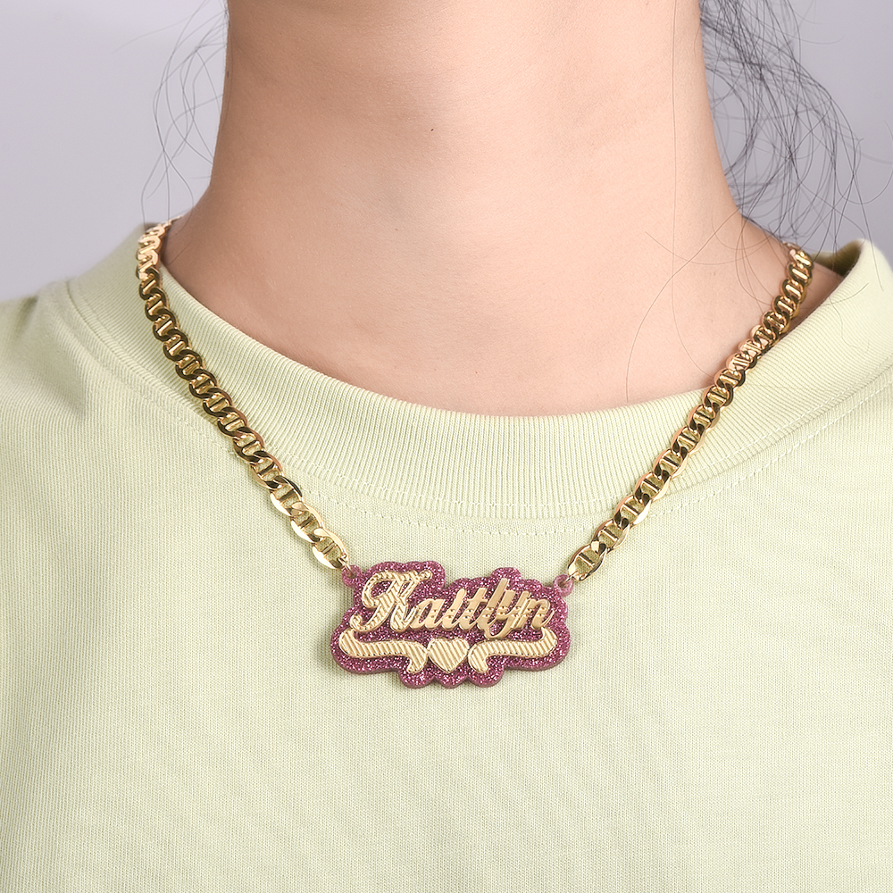 Pink Acrylic Double Layer Heart Personalized Custom Gold Plated Name Necklace-silviax