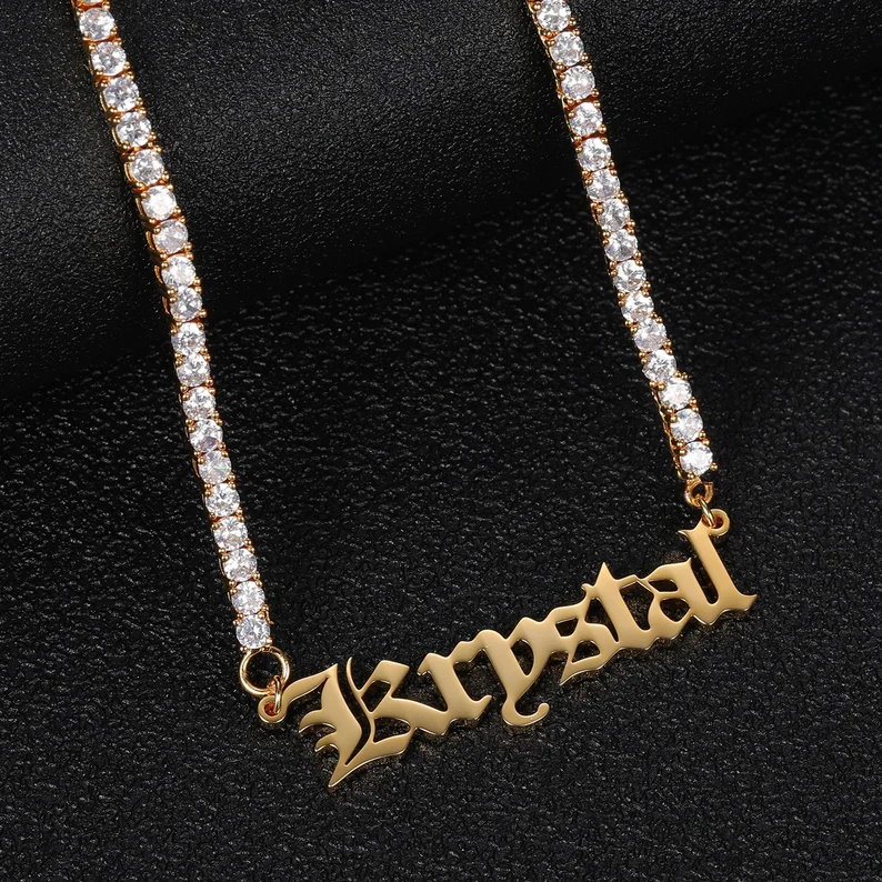 Tennis Chain Old English Font Gold Plated Personalized Custom Name Necklace