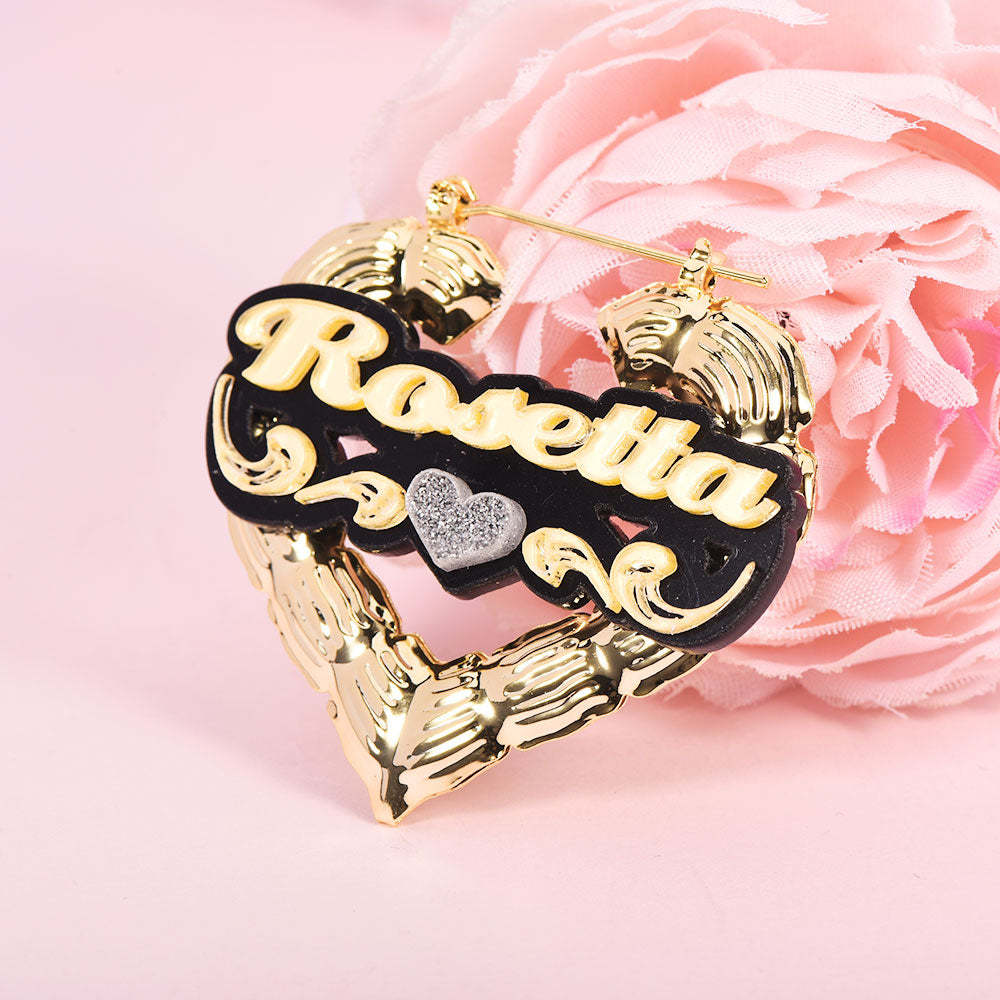 Heart Shaped Two Tone Acrylic Earrings with Heart Personalized Custom Bamboo Name Earrings-silviax