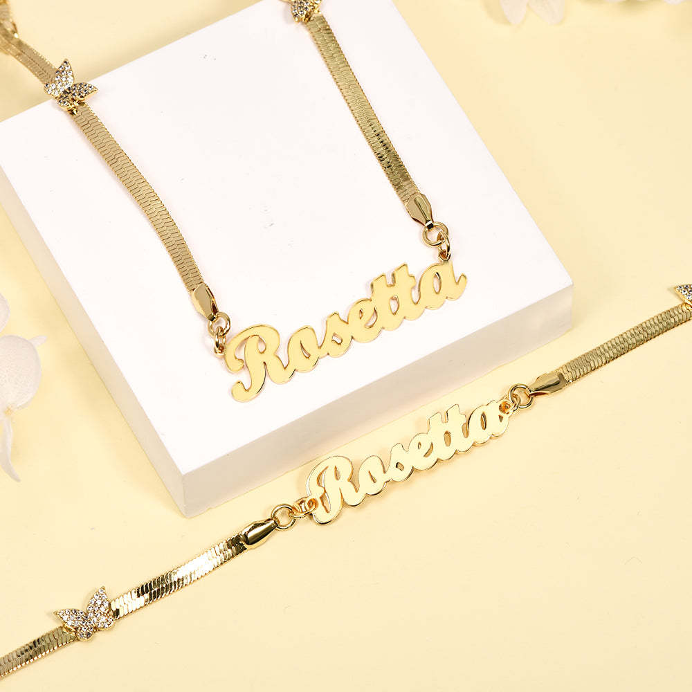 Snake Chain with Butterfly Gold Plated Personalized Custom Name Necklace and Bracelet Set-silviax