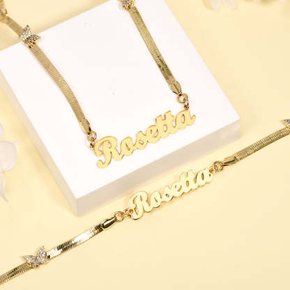 Snake Chain with Butterfly Gold Plated Personalized Custom Name Necklace and Bracelet Set-silviax
