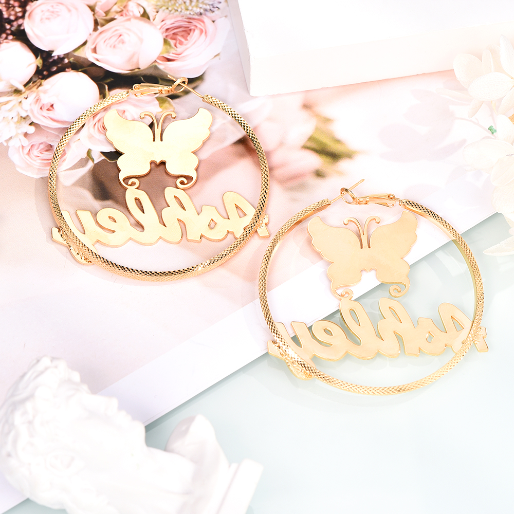 Butterfly Nameplate Hoop Earrings Personalised Custom Gold Plated Name Earrings Women Earrings-silviax