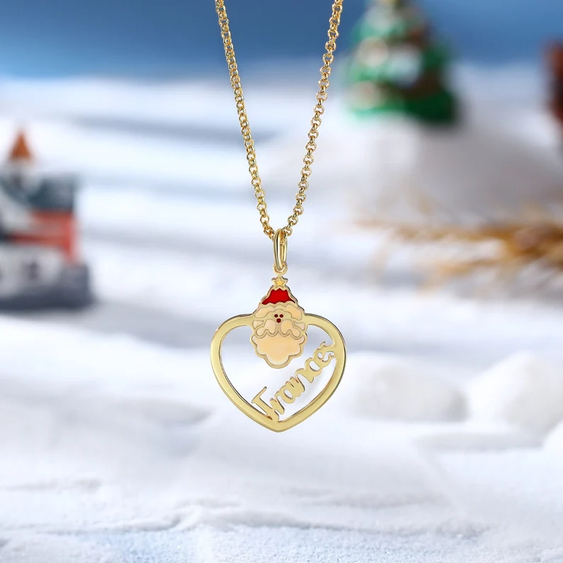 Heart Shaped Christmas Nameplate Pendant Gold Plated Personalized Custom Santa Name Necklace Gift For Kid