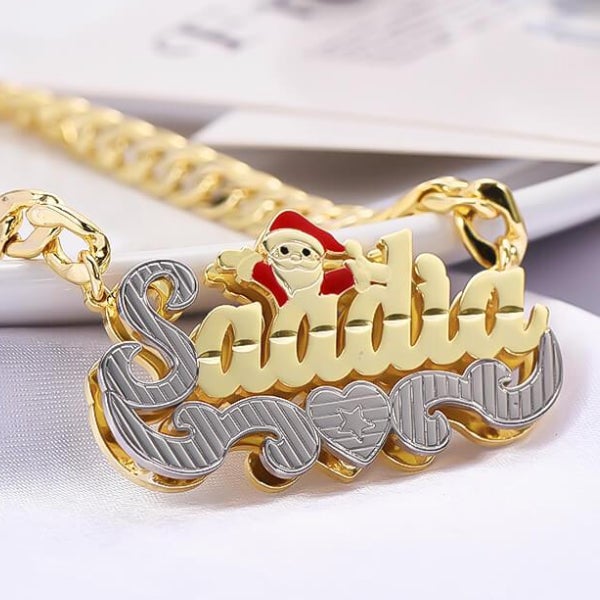 Double Layer Two Tone With Santa Claus And Heart Personalized Gold Plated Name Necklace-silviax