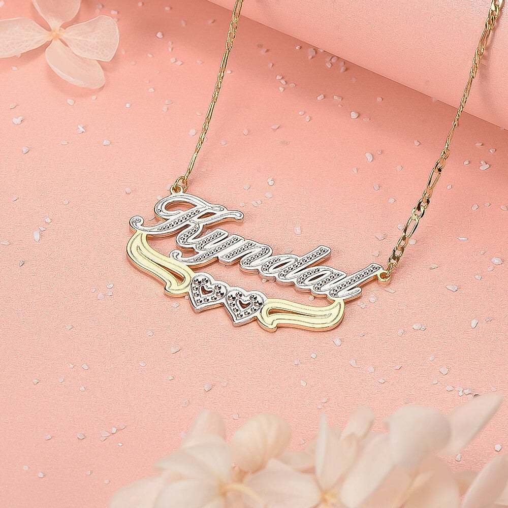 Gold Plated Personalized Two Tone Name Necklace with Double Heart-silviax