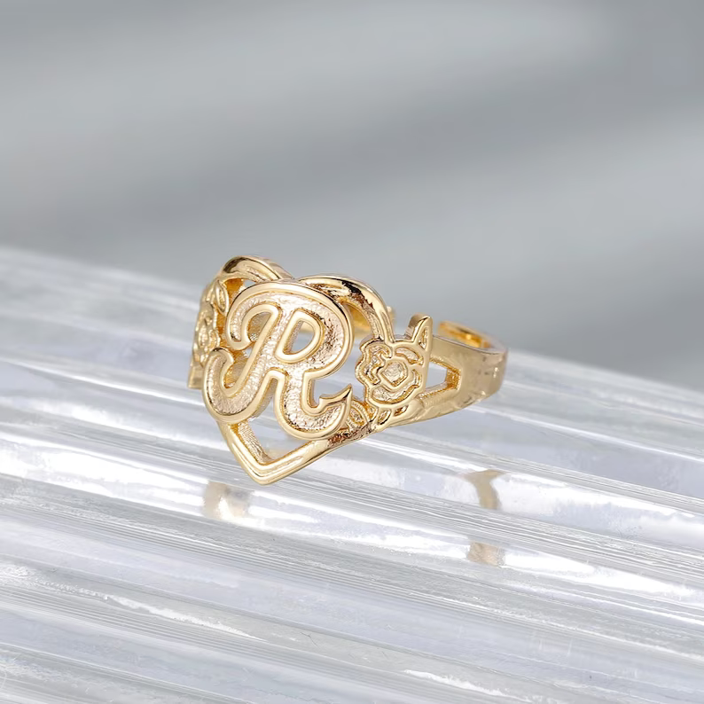 Personalized Custom Gold Plated Capital Letter Initial Heart Ring with Flowers-silviax